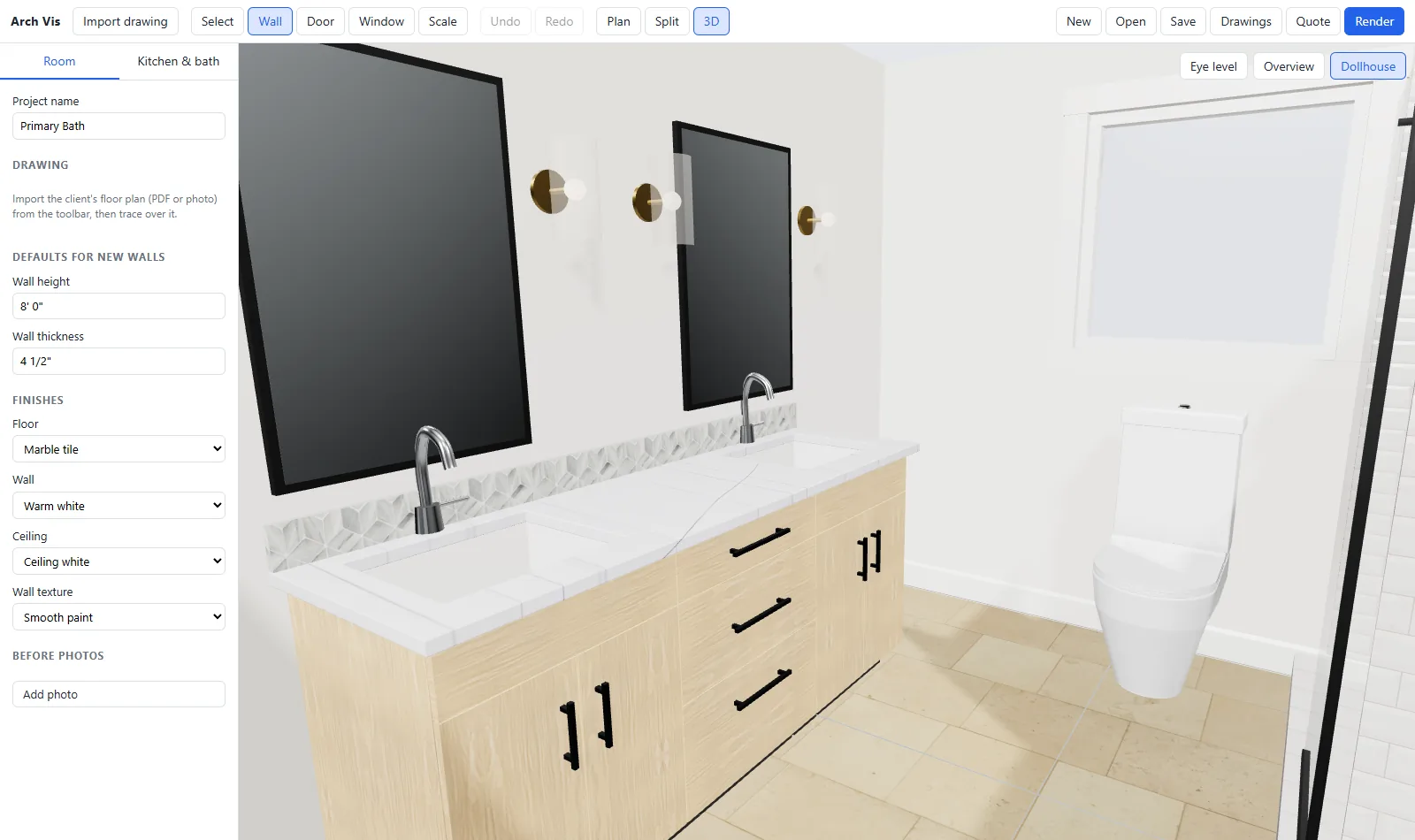 Primary bath in the 3D editor