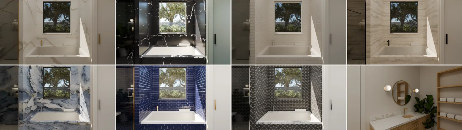 The same bath rendered in seven finish packages