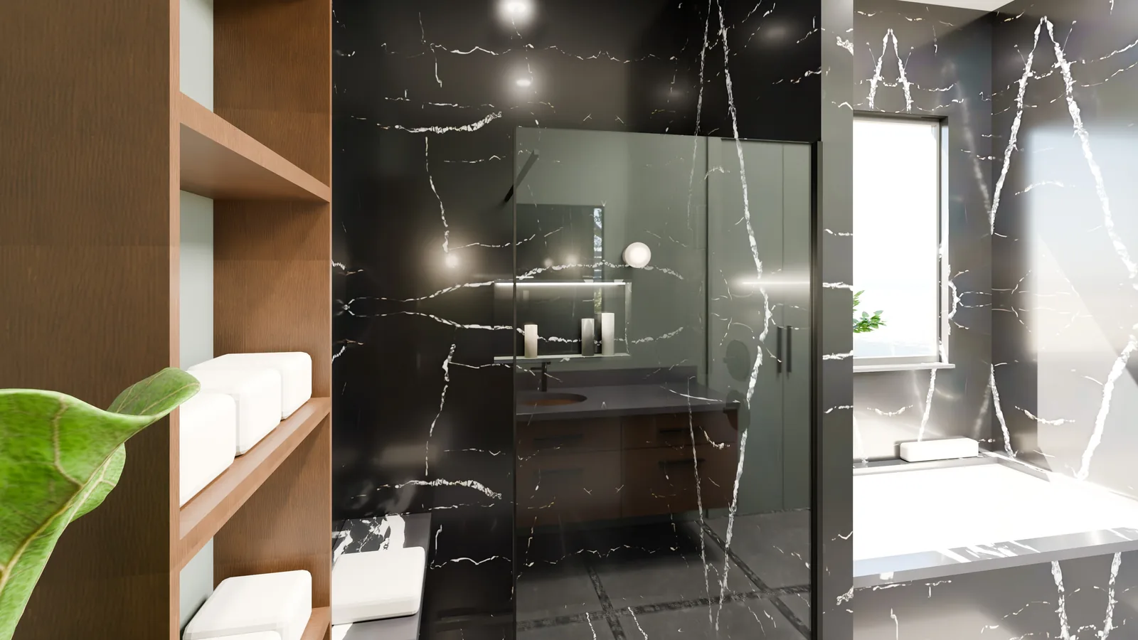 Black marble walk-in shower behind glass