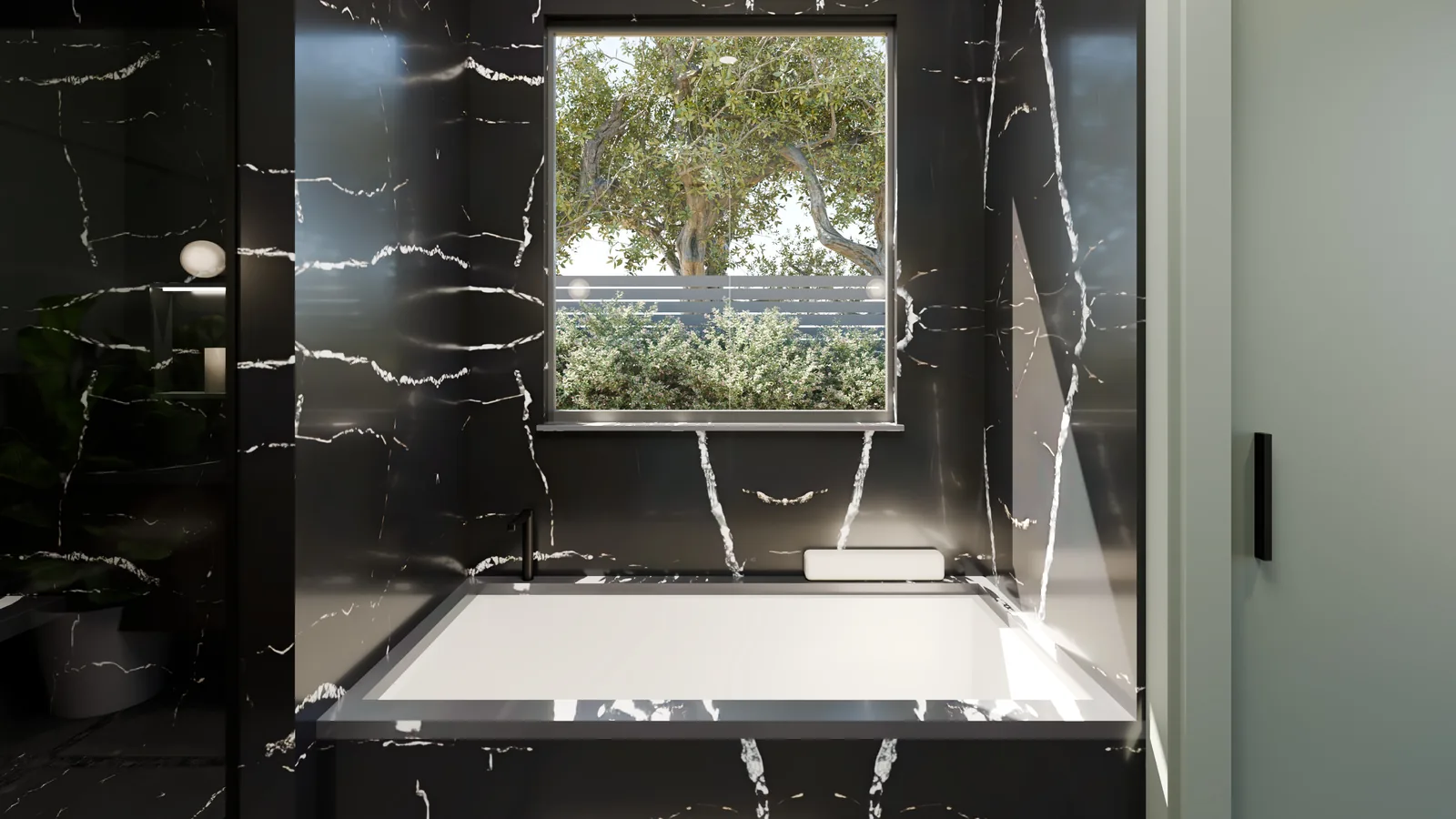 Black marble bath with a soaking tub under a window