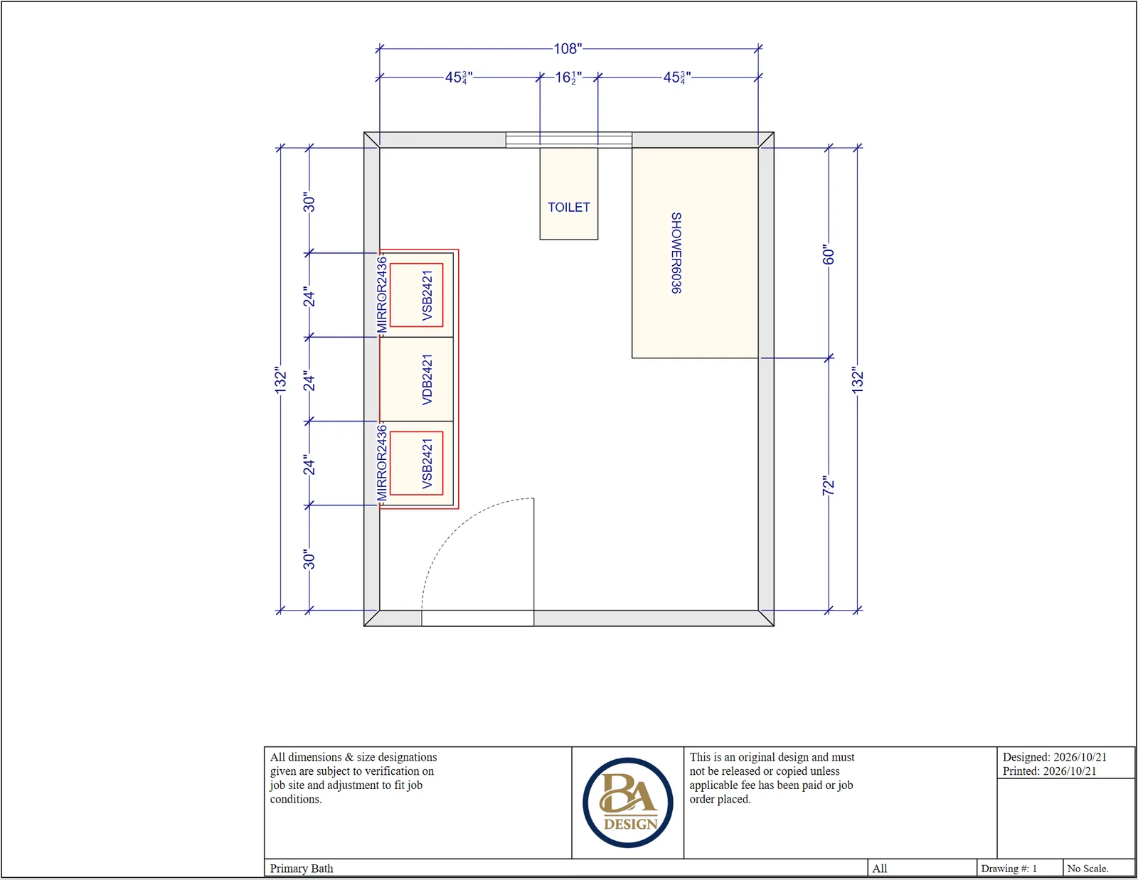 Dimensioned floor plan of the primary bath