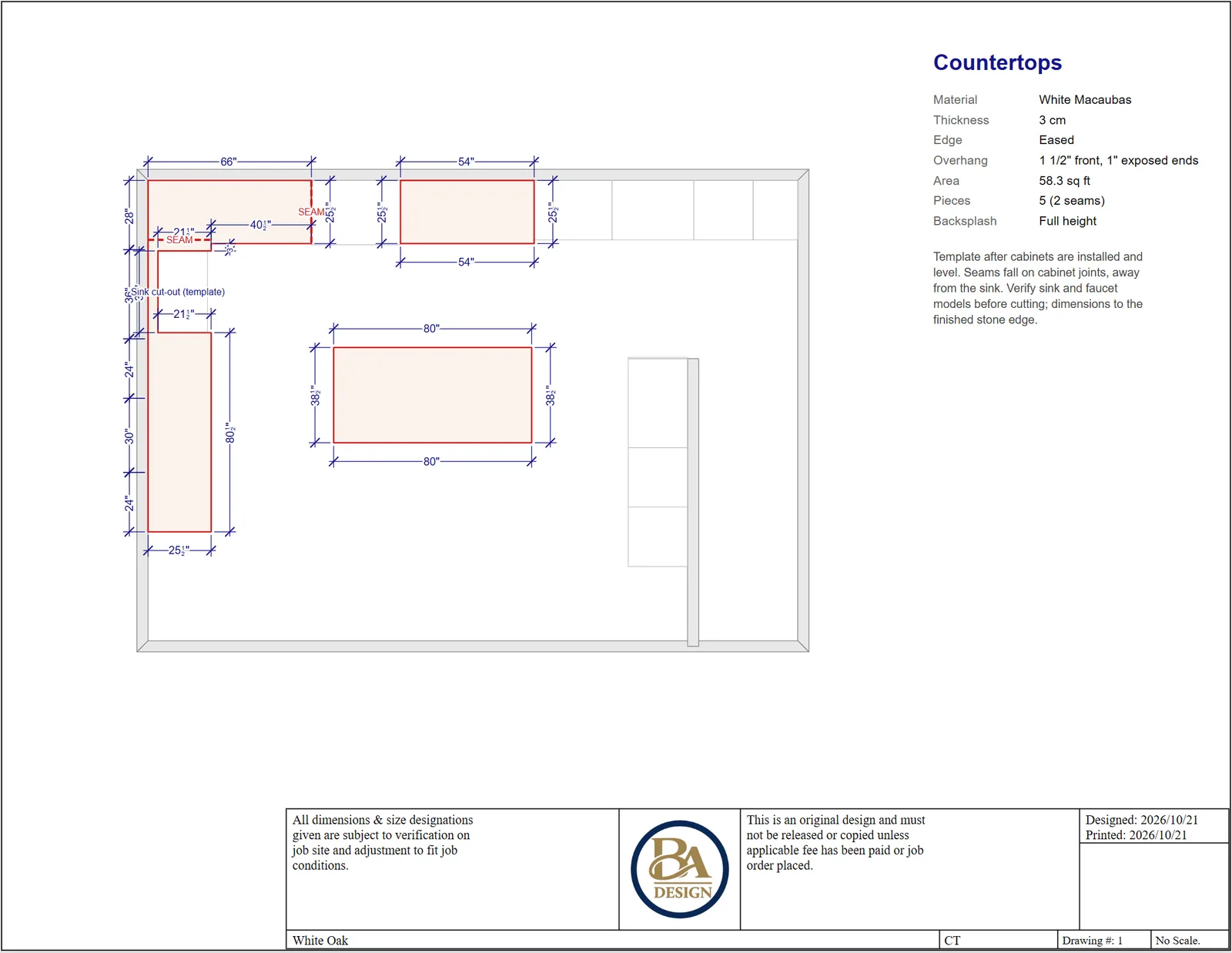 Countertop shop drawing with seams and sink cut-out