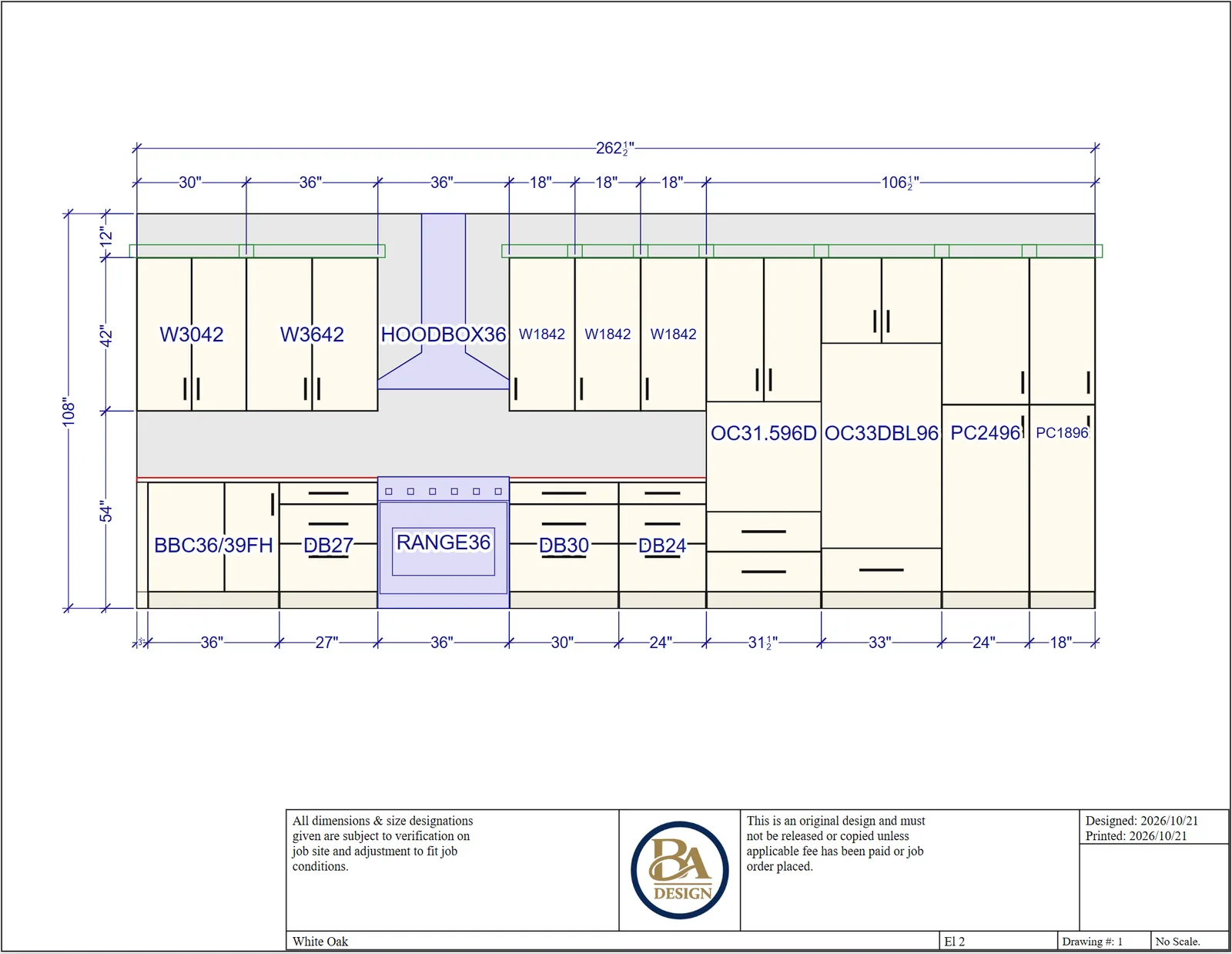 Range wall elevation with cabinet sizes and dimensions