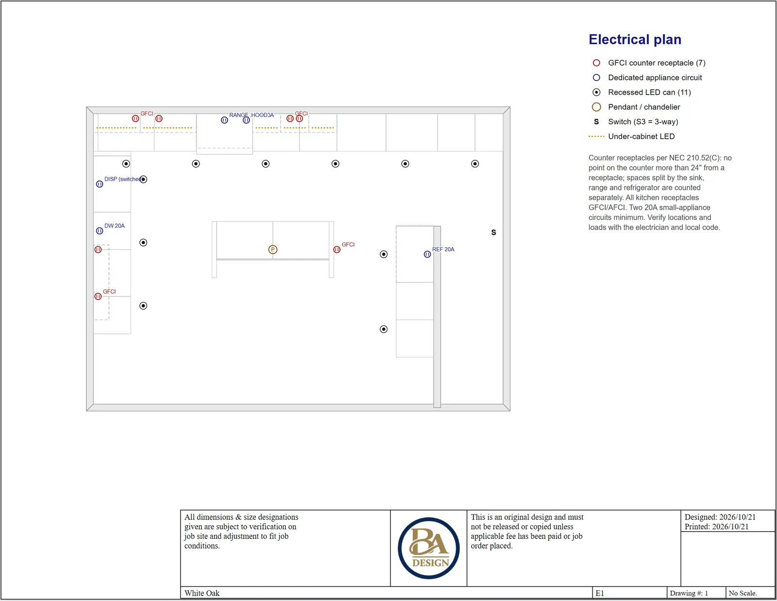 Kitchen electrical plan with GFCI receptacles and dedicated circuits
