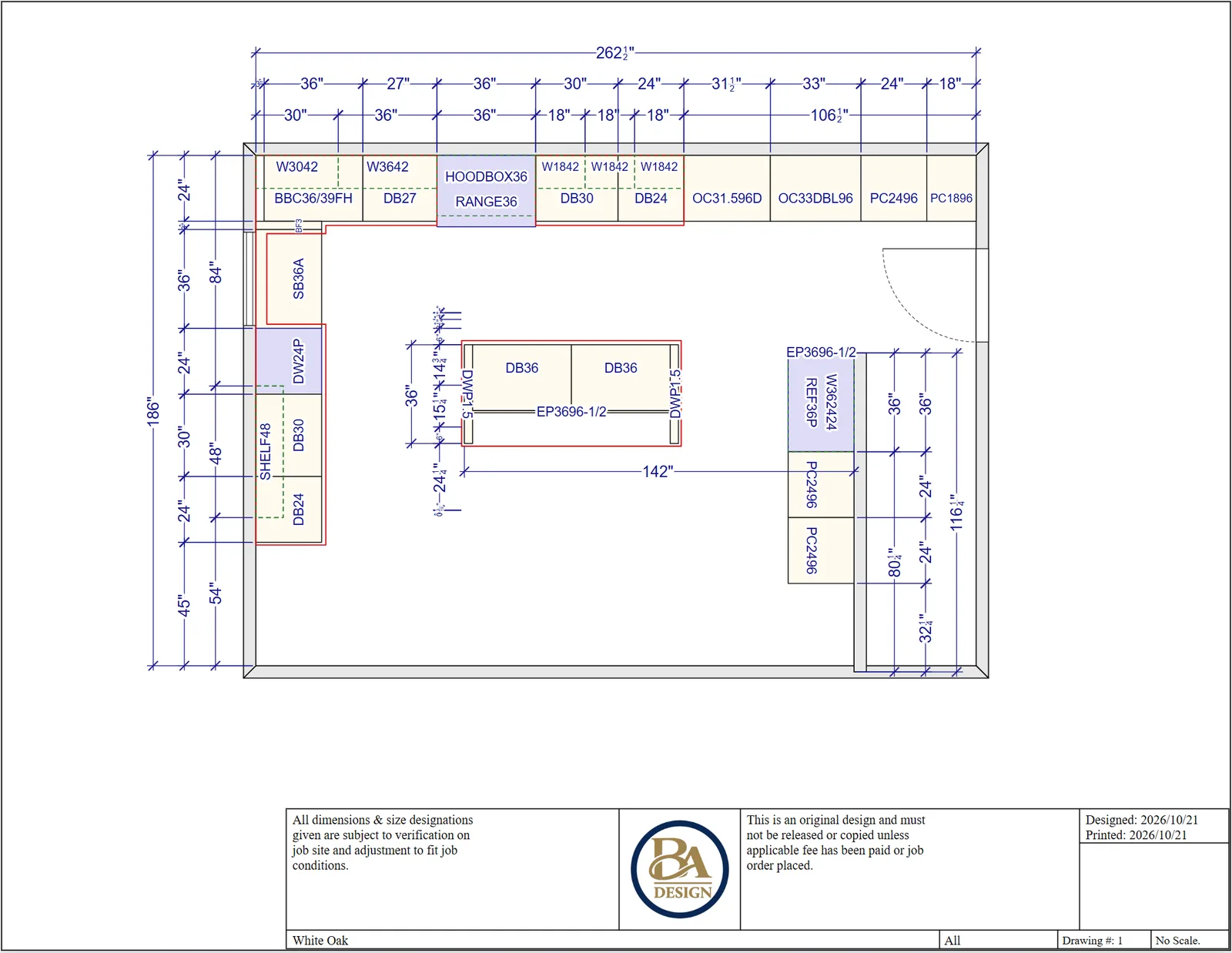 Dimensioned floor plan of the white-oak kitchen