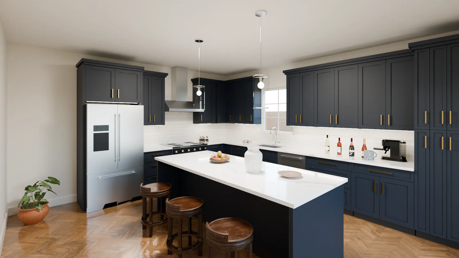 Navy shaker cabinets with a white island