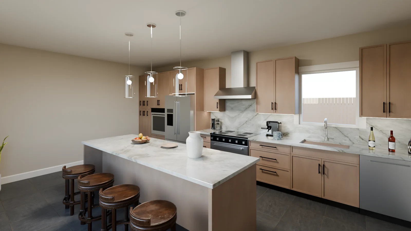 Light oak slab cabinets with a marble island