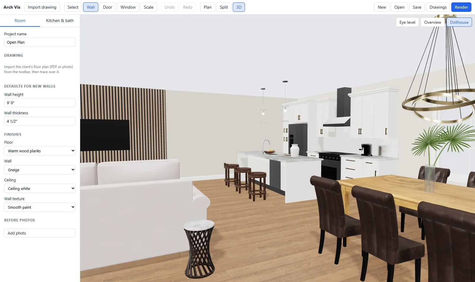 Open-plan room in the 3D editor