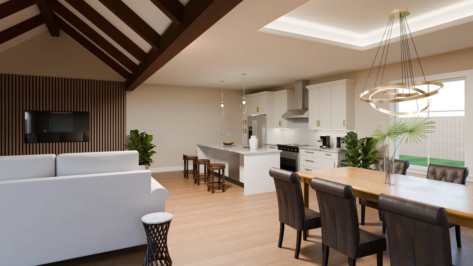 Open-plan living and dining room with exposed beams