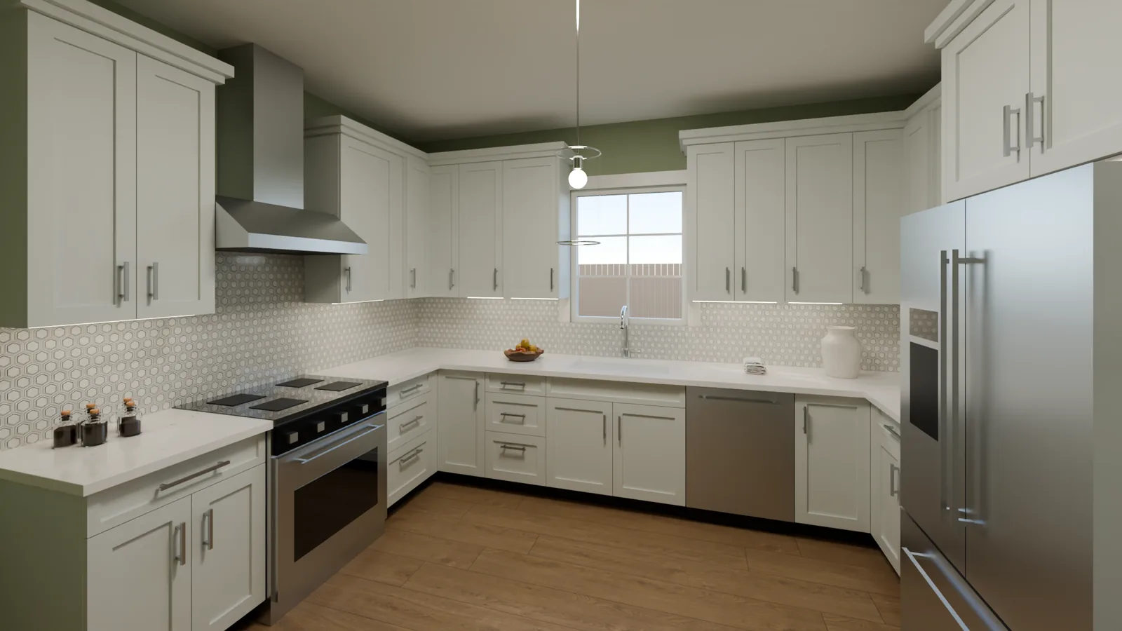 White shaker kitchen with a hex backsplash