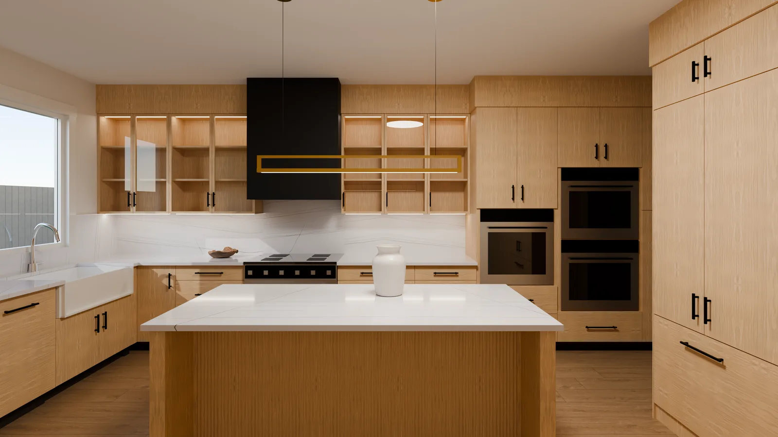 White-oak kitchen with a black range hood, rendered from a floor plan