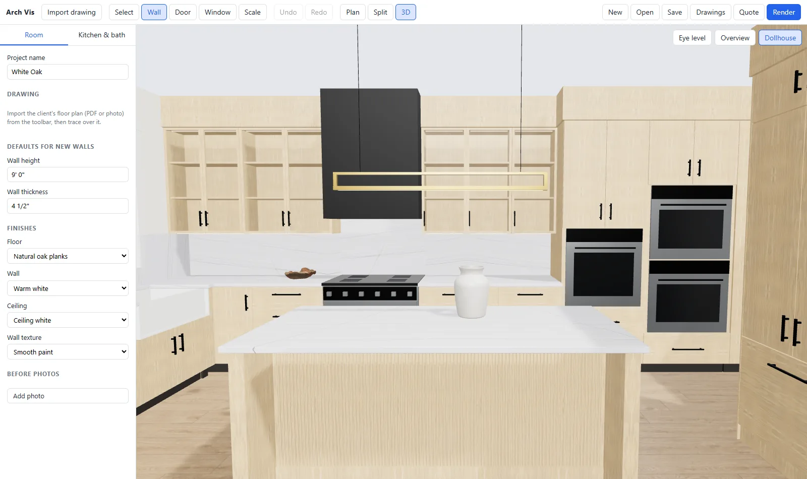 The white-oak kitchen in the 3D editor