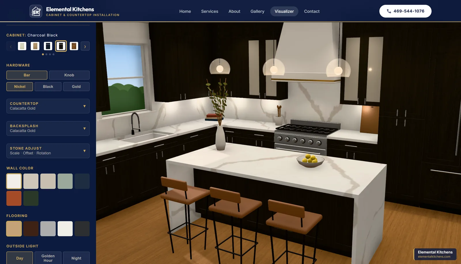 Elemental Kitchens 3D kitchen visualizer with a waterfall island