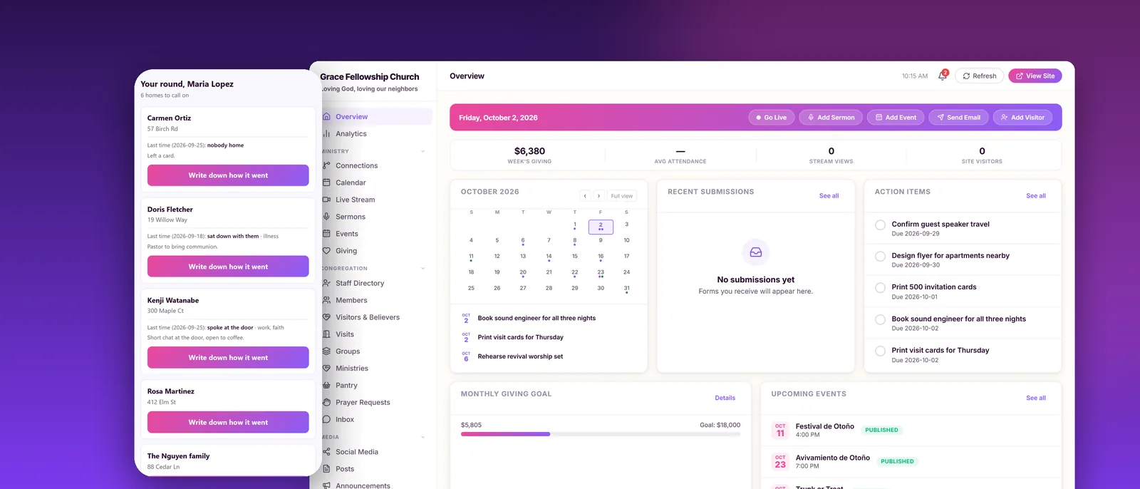 Grow Congregations dashboard and phone view
