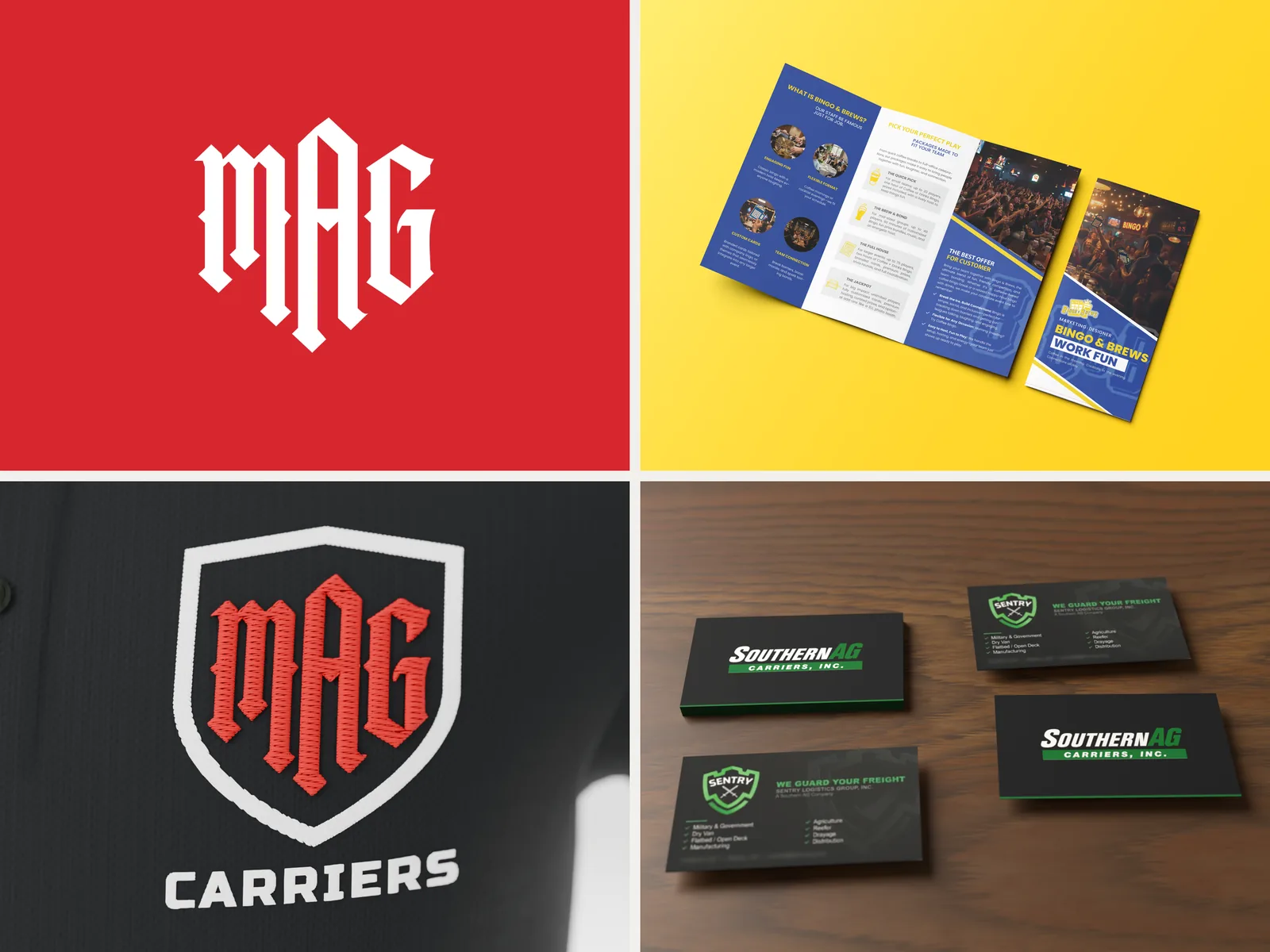 MAG Carriers mark, Bingo & Brews brochure, embroidered MAG shield and Southern AG business cards