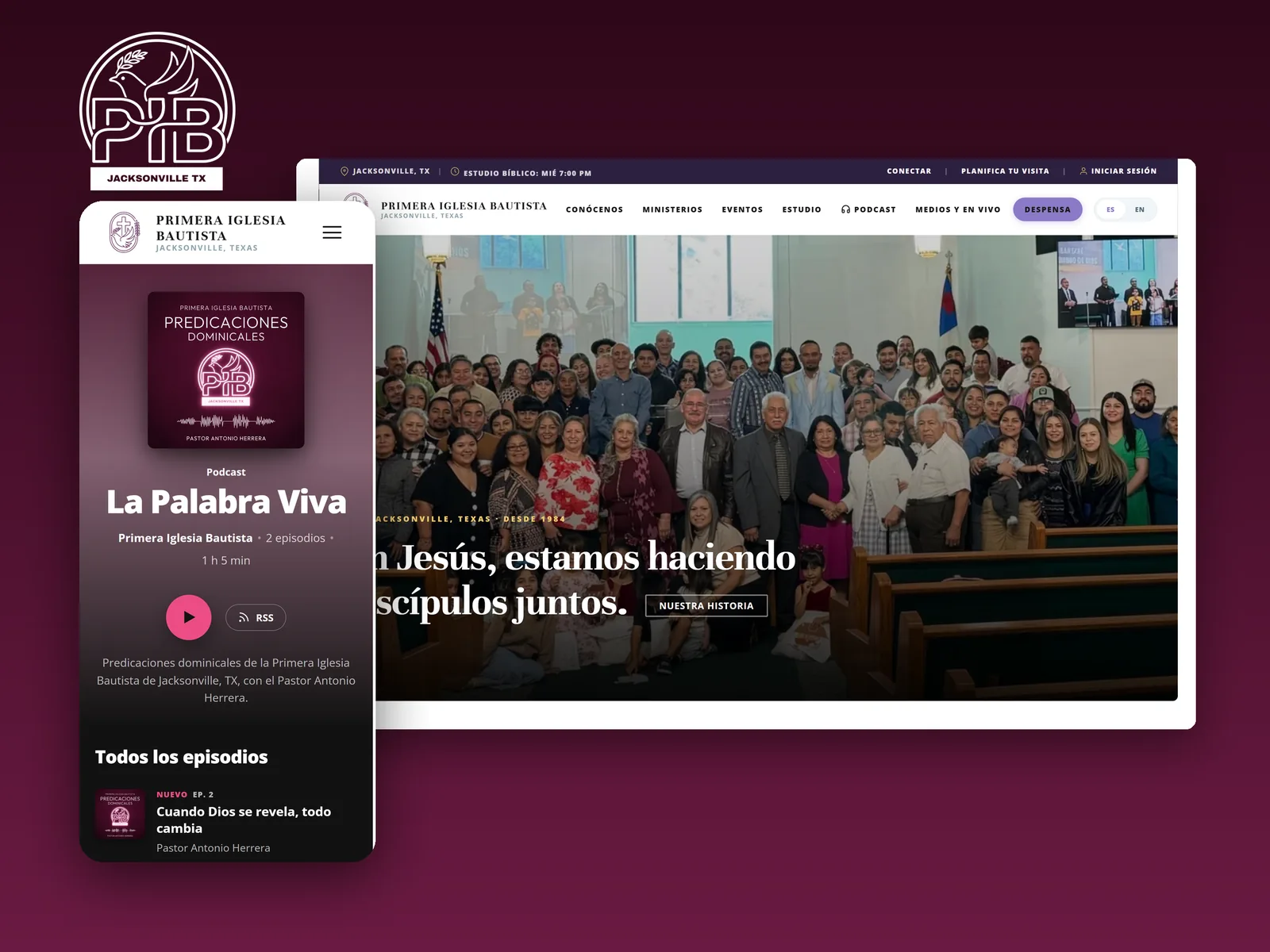 Primera Iglesia Bautista website, podcast on a phone and logo