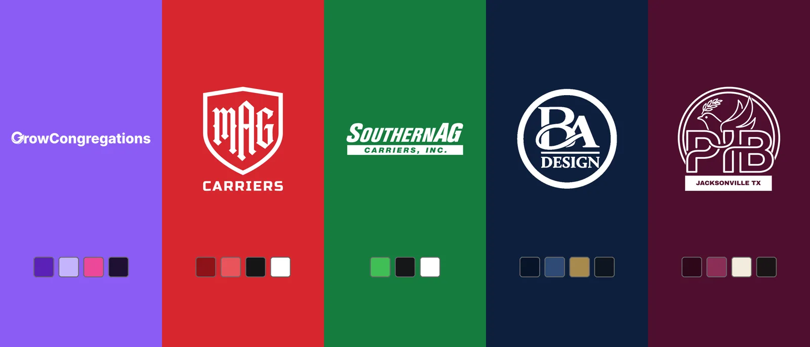 Five brand kits: Grow Congregations, MAG Carriers, Southern AG, Bishop Arts Design, Primera Iglesia Bautista