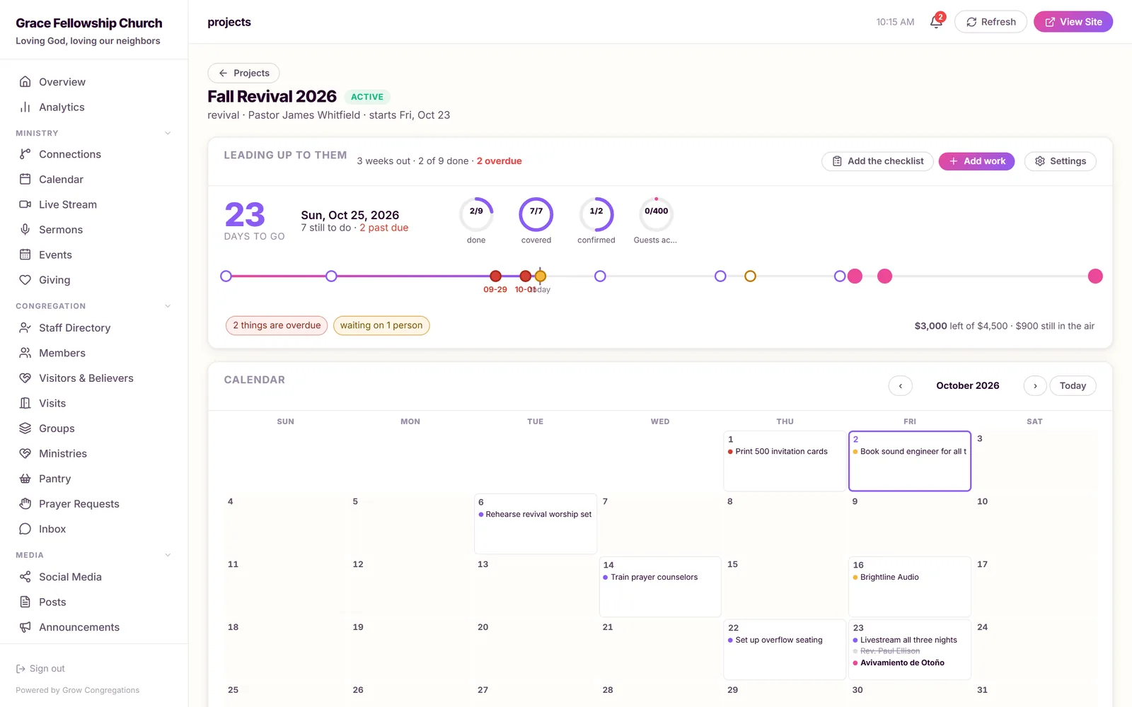 Project page with countdown and timeline