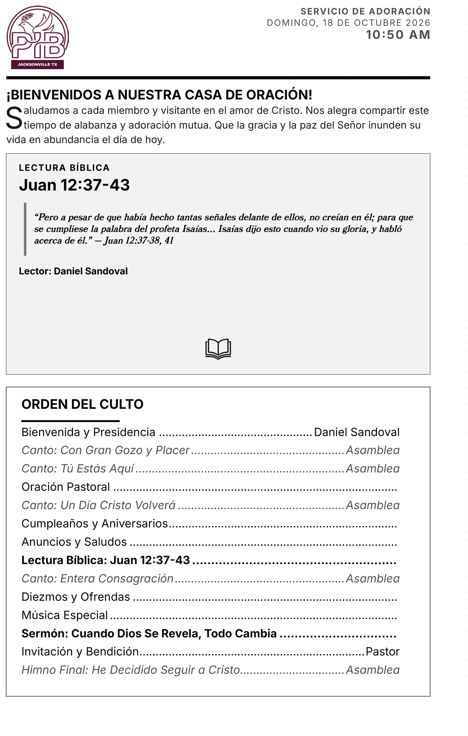 Sunday bulletin, front