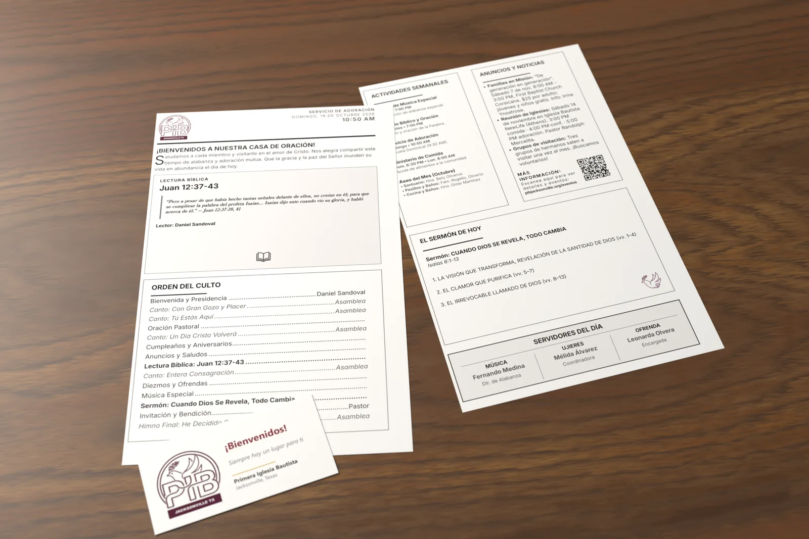 Sunday bulletin and welcome card on a desk