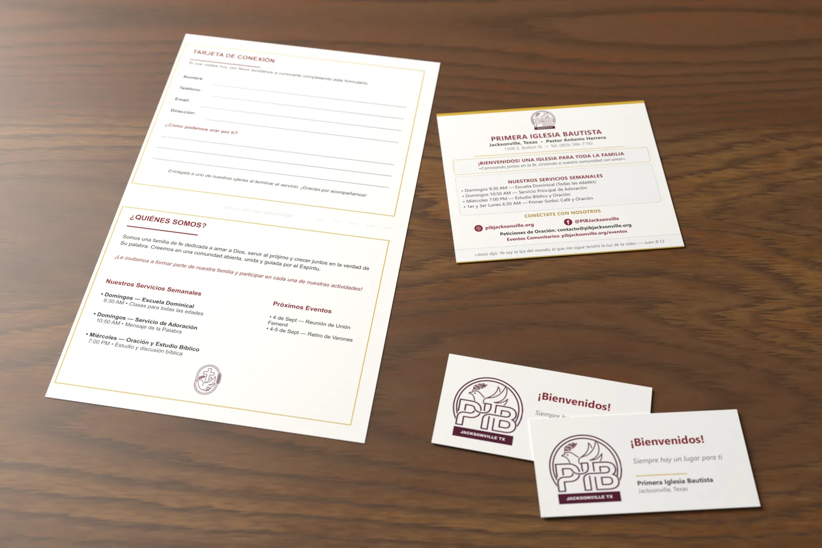 Visitor card, family welcome card and welcome cards on a desk